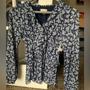 Michael Kors Blue and White Ruffled Long Sleeve Blouse